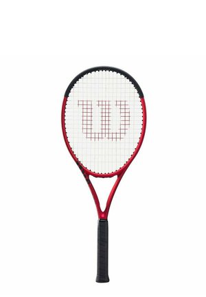 Rote Tennisschläger mit schwarzem Griff und weißem Saitenbett. Merkmale ein auffälliges "Wilson"-Logo in Rot. Leichtes, aerodynamisches Design.