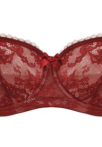 Czerwony koronkowy biustonosz z kwiatowymi wzorami, falowanymi brzegami i centralną satynową kokardką. Posiada konstrukcję z fiszbinami i gładką teksturę.