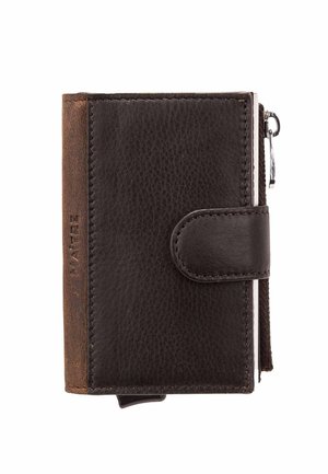 Leather wallet with a dark brown textured surface, rounded shape, and a snap closure. Features a zipper for secure closure and visible stitching.