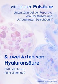 Clear gel-like spheres in pale pink and blue, with text highlighting folic acid and hyaluronic acid benefits on a soft gradient background.