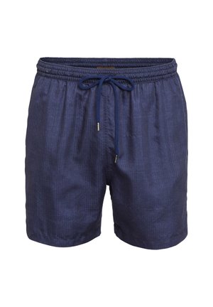 Marineblaue Badeshorts aus leichtem Material, mit einem elastischen Bund und verstellbarem Kordelzug sowie einem dezenten, strukturierten Muster.