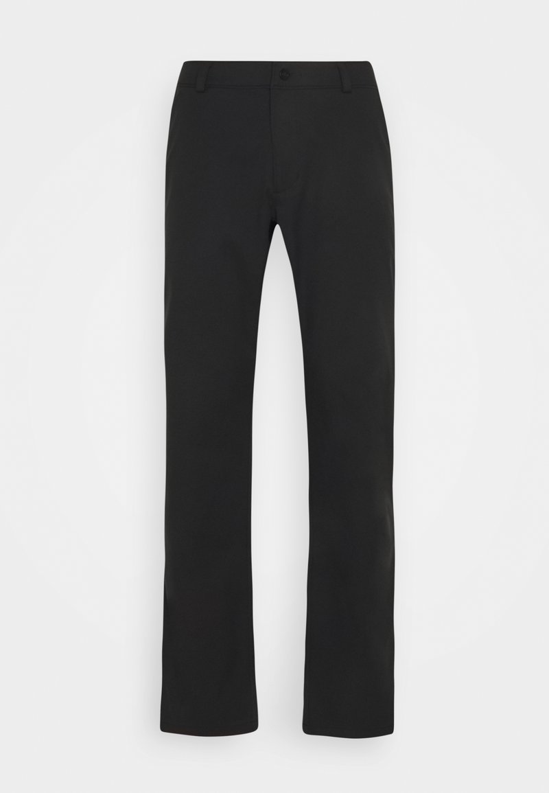 Pantalon noir à jambes droites avec passants de ceinture, fermeture par bouton et zip, poches avant, et finition lisse.