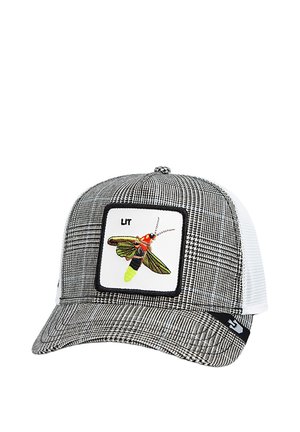 Black and white checkered cap with a mesh back, featuring a rectangular patch with a colorful insect design and the text "LIT."
