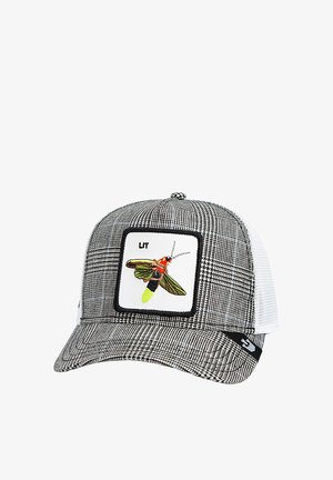 Black and white checkered cap with a mesh back, featuring a rectangular patch with a colorful insect design and the text "LIT."