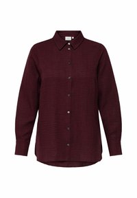 Burgundská košile s dlouhým rukávem, zapínáním na knoflíky, standardním límcem a strukturovanou tkaninou. Má černé knoflíky a zakřivený lem.
