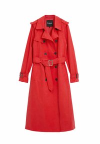 Red trench coat made of smooth material with a belted waist, double-breasted buttons, and shoulder epaulettes. Features long sleeves and side pockets.