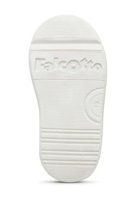 Suola in gomma bianca con texture rigata e logo "Falcotto" in rilievo. Accento circolare vicino al tallone per un'ulteriore aderenza.