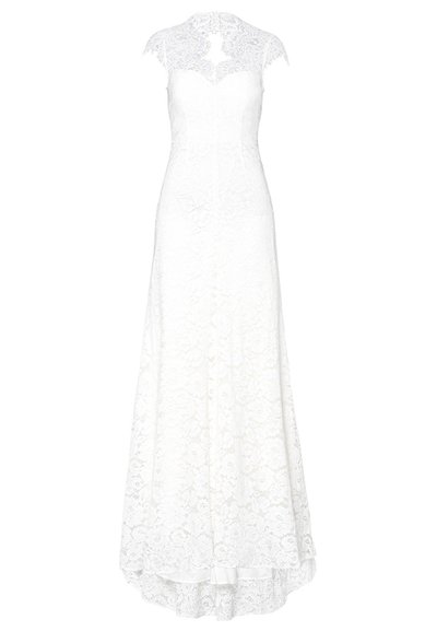 Λευκό νυφικό φόρεμα με εφαρμοστή κορυφή, μανίκια τύπου καπ και ρέον φουστάνι με υφή δαντέλας και καλλωπιστό τελείωμα.