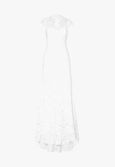 Λευκό νυφικό φόρεμα με εφαρμοστή κορυφή, μανίκια τύπου καπ και ρέον φουστάνι με υφή δαντέλας και καλλωπιστό τελείωμα.