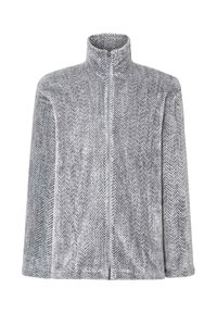 Chaqueta de forro polar gris con patrón de espiga, con un alto cuello y cierre de cremallera, que presenta una textura suave y mangas largas.