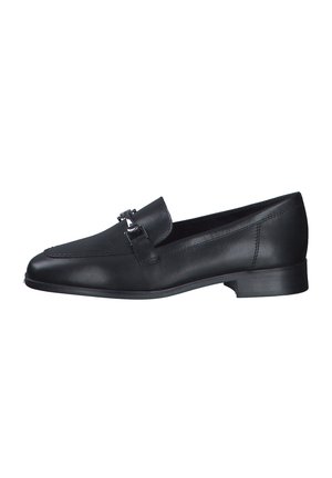 Black leather loafers with a rounded toe, decorative strap and hardware detail, flat heel, and smooth texture. Side stitching accent visible.