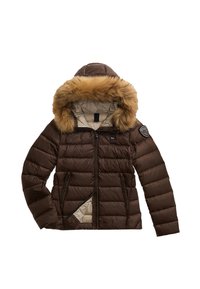 Giacca a sacco marrone con cappuccio foderato in pelliccia, design trapuntato, cerniera frontale, due tasche laterali e fodera interna beige.