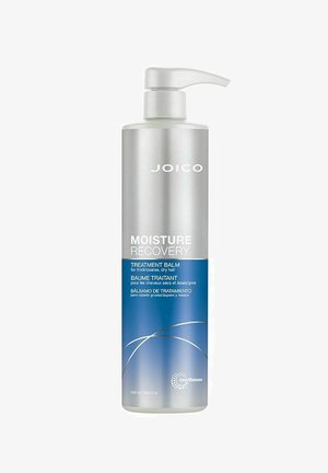 Joico Moisture Recovery Treatment Balm, pitkässä hopea- ja siniset pullossa, jossa on pumppupää ja teksti, joka ilmoittaa sen olevan paksuille ja karkeille hiuksille.