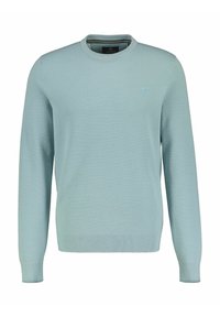 Light blue sweater in a textured knit with a round neckline, ribbed cuffs, and hem. Small logo on the chest.