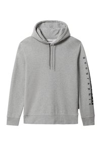 Felpa grigia in misto cotone, con cappuccio regolabile, tasca frontale e testo stampato lungo la manica sinistra. Tessuto morbido e vestibilità casual.