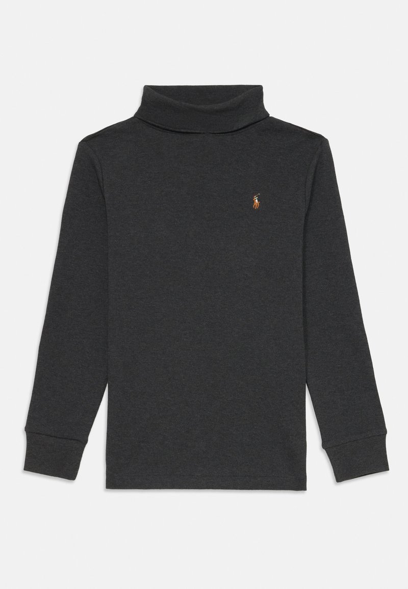 Σκούρο γκρι μακρυμάνικο πουλόβερ με ψηλό λαιμό, φτιαγμένο από μαλακό ύφασμα. Διαθέτει μια διακριτική λογότυπο στο αριστερό στήθος και ραμμένο μανσέτα. Απλός σχεδιασμός.