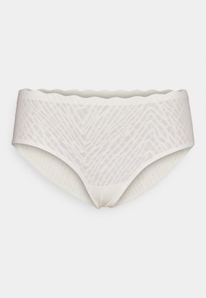 Beige stræk-cotton trusse med en bølget talje, der har et tekstureret mønster, som ligner bølger eller linjer i hele stoffet.