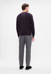 Dunkellila Pullover mit strukturierten Schulterpaneelen, getragen mit grauen Hosen und schwarzen Schuhen. Das Modell ist von hinten zu sehen.