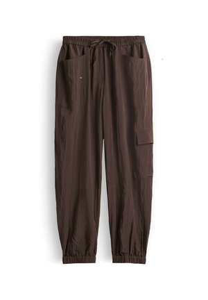 Brown casual pants with elastic waist and ankles, drawstring, two front pockets, and one cargo pocket on the right leg.