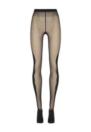 Collant neri trasparenti con un pannello nude, caratterizzati da un accento nero curvo lungo i lati esterni e una vita alta per una vestibilità aderente.