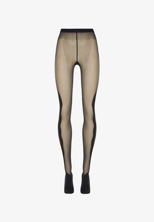 Collant neri trasparenti con un pannello nude, caratterizzati da un accento nero curvo lungo i lati esterni e una vita alta per una vestibilità aderente.