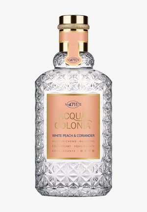 Klar facetglasflaske med Acqua Colonia Hvid Fersken & Koriander med pink og guldetikette og guldlåg.