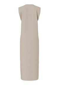 Vestido midi sin mangas beige con escote redondo, ajustado en los hombros y con una silueta recta. Fabricado en un tejido suave y liso.