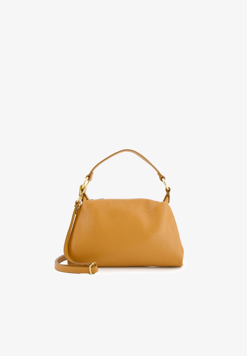 Leather handbag in mustard yellow with a textured surface, rounded shape, short handle, and adjustable shoulder strap. Gold hardware accents.