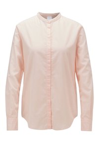 Chemise à manches longues rose clair avec col mandarin. Présente un motif à rayures verticales, un plastron à boutons sur le devant et un ourlet droit avec des manches à poignets.