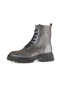Bottine en cuir gris foncé avec un laçage à l'avant, bout rond et semelle en caoutchouc épaisse avec un léger talon. Comprend une languette de tirage.