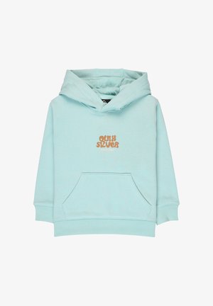 Lichtblauwe kinderhoodie met voorzak en het logo "Quiksilver Since 1969" in oranje op de borst.