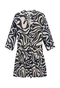 Rochie cu mânecă scurtă, în culorile negru și crem, cu un model de zebra ondulat, cu talie legată, deschidere cu nasturi și tiv cu volane suprapuse. Material mătăsos.