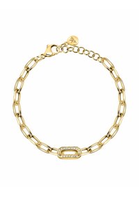 Bracciale in oro con catena a maglie allungate e un accento ovale centrale adornato da gemme chiare. Include una chiusura a moschettone.