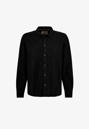 Schwarze langärmelige Corduroy-Hemd mit Knöpfen und Kragen sowie kleinem gesticktem Logo auf der Brust, präsentiert auf einem weißen Hintergrund.