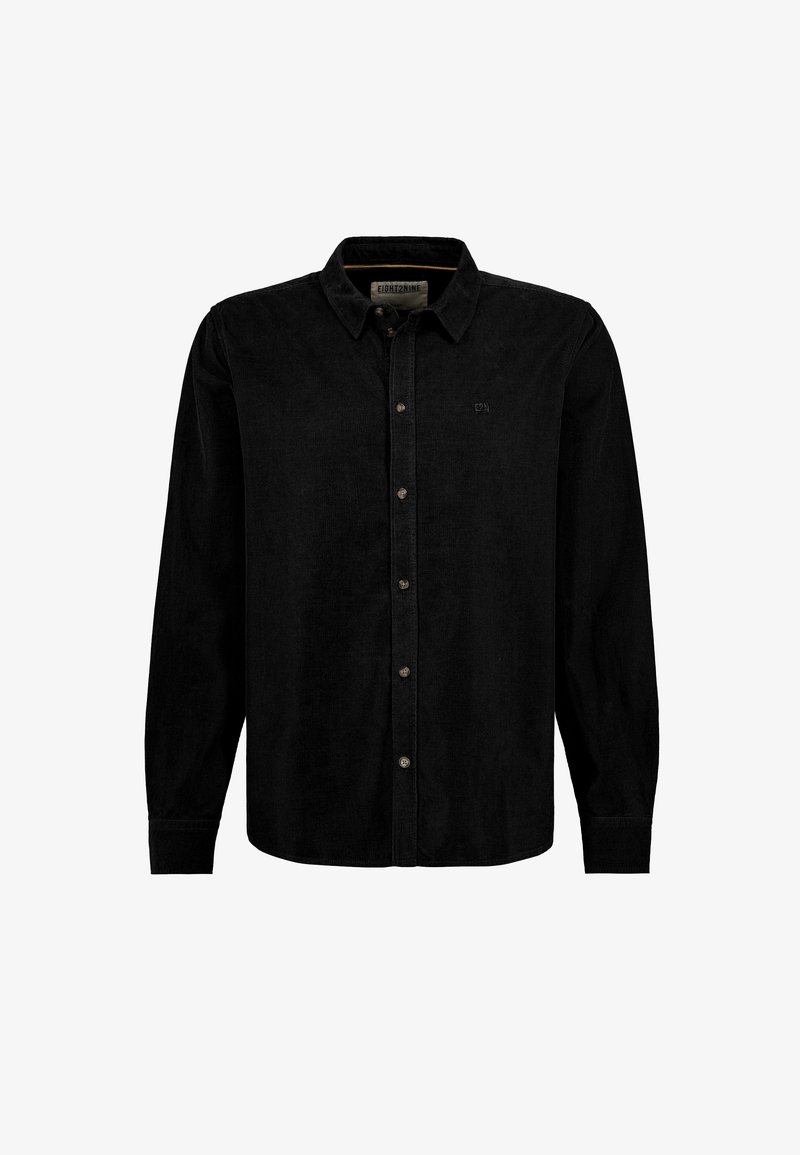 Black long-sleeve corduroy button-up shirt with collar and small embroidered logo on the chest, displayed on a white background.