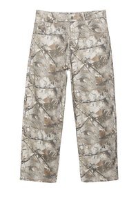 Pánske maskáčové nohavice s tlmeným sivým, hnedom a béžovým abstraktným vzorom listov a vetiev, predným zapínaním na gombíky a zips a rovnými nohavicami.