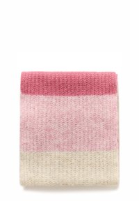 Strikket tørklæde med vandrette striber i forskellige nuancer af pink og hvid, med en blød textur og rullede kanter.