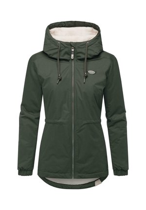 Dunkelgrüne, isolierte Jacke mit Kapuze, Reißverschluss vorne, verstellbarem Kordelzug und Fleecefutter. Verfügt über elastische Bündchen und einen längeren Rückenteil.