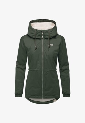 Dunkelgrüne, isolierte Jacke mit Kapuze, Reißverschluss vorne, verstellbarem Kordelzug und Fleecefutter. Verfügt über elastische Bündchen und einen längeren Rückenteil.