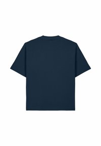 T-shirt bleu marine à manches courtes avec col rond, vu de dos sur fond blanc.