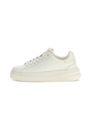 Low-top white sneaker with thick sole, laces, and subtle embossed brand name on the side and sole, shown in side profile.