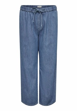 Pantalon en denim bleu à coupe ample avec fines rayures verticales blanches, taille élastique et cordon de serrage à l'avant.