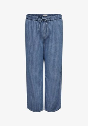 Lazán illeszkedő kék farmernadrág fehér függőleges csíkozással, rugalmas derékrésszel és elöl húzózsinórral.