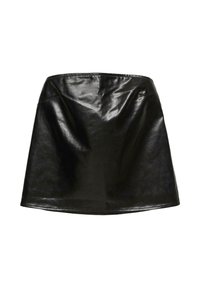 Fekete bőrszoknya mini hosszúságban, sima, fényes felülettel. Egyszerű A-vonalú szabással és látható zsebek vagy díszítőelemek nélkül.