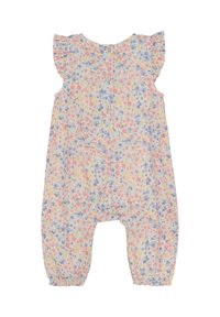 Bloemige romper in pastelkleuren met volants op de schouder, voorzien van een knoopsluiting aan de achterkant en gerimpelde enkelmanchetten.