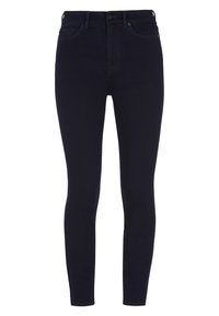 Jean skinny en denim bleu foncé, avec une fermeture à bouton, des passants de ceinture, des poches avant et une finition lisse sans motifs.