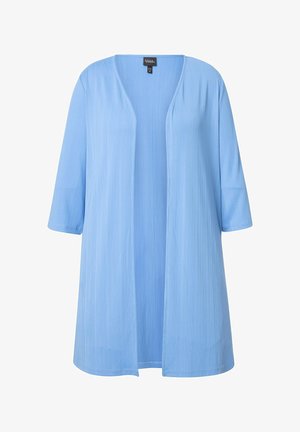 Vaaleansininen, avonainen neulecardigan, jossa on 3/4-hihat, teksturoitu kangas ja sulava muotoilu. Ei kiinnityksiä tai kuvioita.