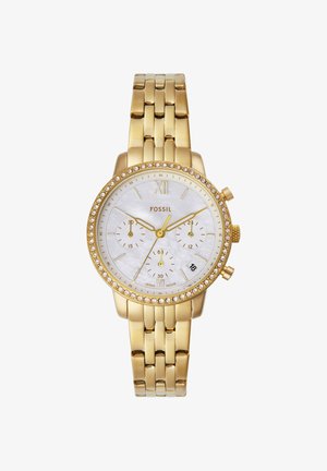 Guld Fossil armbåndsur med ledet lænke, hvid urskive, tre subskiver, krystaldækket bezel og datovisning ved kl. 4.