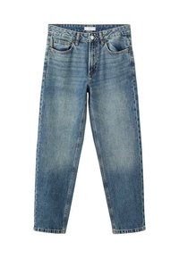 Svetlo modri kavbojki z ohlapnim fitom. Imajo pet žepov, vidno šivanje in gumbasto zapiranje. Gladka tekstura z zbledeelim končnim izgledom.