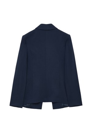Blazer blu navy con vestibilità sartoriale, colletto a ribalta, maniche lunghe e un leggero spacco sul retro. Texture liscia e design strutturato.